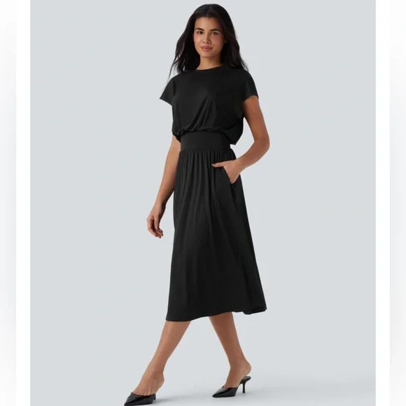 NWT Halara ($94.95) Black Tummy Control Batwing Flowy Midi Work Dress w/ Pockets - Picture 5 of 11
